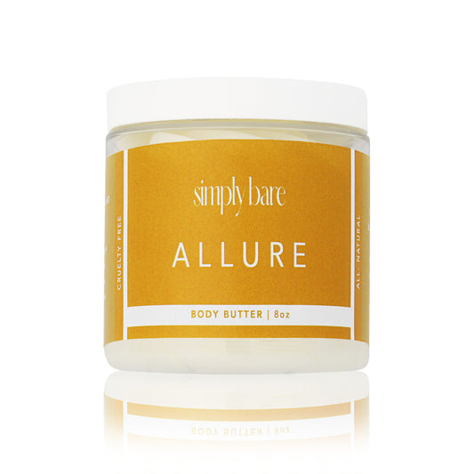 Allure All Natural Whipped Body Butter - A jar of whipped body butter surrounded by fresh blackberries and lemons, evoking a Parisian bakery atmosphere, Front View